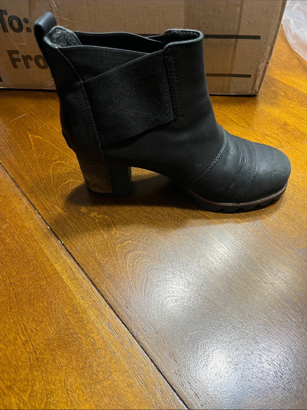 Sorel Black Leather Ankle Bootie with Block Heel